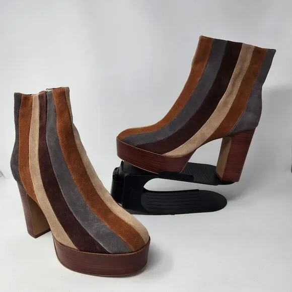 New Cecelia New York Carcie Leather Stacked Platform Boots Brown Stripes Size 11 - Picture 2 of 5